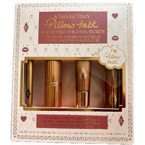 CHARLOTTE TILBURY Pillow Talk Beautifying Lip & Cheek Secrets Set - Matte Revolution Lipstick, Lip Cheat Lip Liner, Collagen Lip Bath Gloss and Beauty Highlighter Wand.