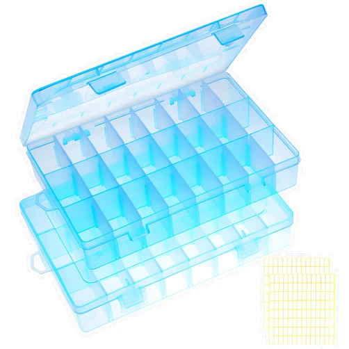 NIUBIER 2 Pack Blue Plastic Organizer Box, Storage Container with Adjustable Divider, Craft Organizers and Storage Bead Storage Organizer Box for DIY Jewelry Tackles with 2 Sheets Label Stickers