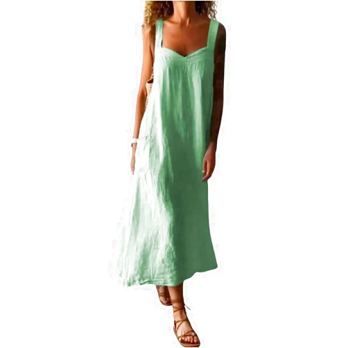 chouyatou Women's Summer Spaghetti Strap Sleeveless Linen Overall Dress Casual A-Line Midi Long Beach Dress