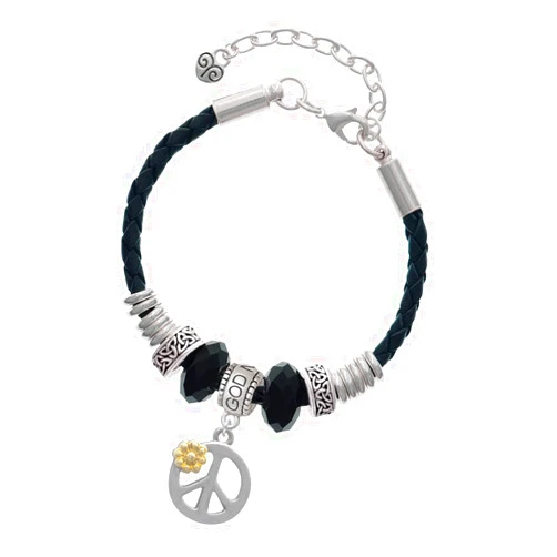 Delight Jewelry Two-tone Large Peace Sign with Daisy and Crystal - Godmother Celtic Knot Leather Bead Bracelet, 7