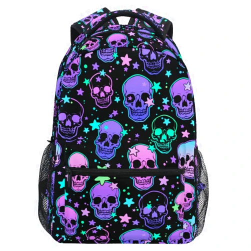 MNSRUU Student School Bag Stars Purple Skulls Backpack for Girls Boys College Bookbag Laptop Rucksack Travel Backpack for Adult Teen Casual Daypack