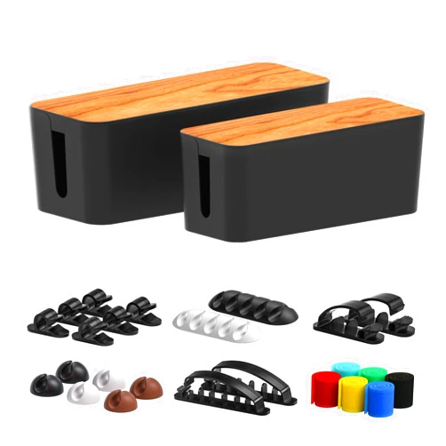 CABLE GARDEN Cable Management Box 2 Pack with 16 Cable Clips Set-Large & Medium & Small Wooden Style Cable Organizer Box to Hide Wires&Power Strips | Cord Organizer Box | Cable Organizer for Home & Office [Black]