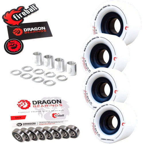 Fireball Dragon Race Precision Skateboard Bearings Tinder 65mm Wheels & Silver Dragon Precision Aluminum Spacers + Speed Rings | Set