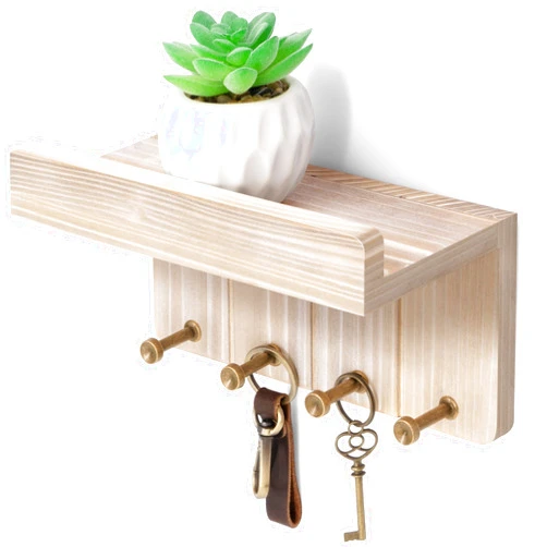 Rebee Vision Farmhouse Key Holder Wall Mount - Key and Mail Holder for Wall with Mini Floating Shelf and 4 Key Hooks - Perfect for Apartment Essentials (Natural Wood)