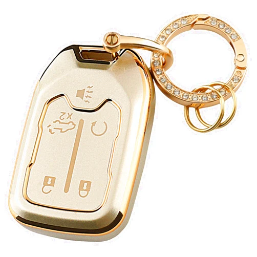 YUBOMT Key Fob Cover for Chevy Silverado Suburban Tahoe GMC Sierra Terrain Acadia Yukon Smart Car Key Shell with Key Ring (5 Buttons,Gold)