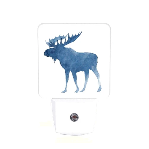 Chrobak LED Night Light,Blue White Watercolor Animal Moose LED Night Light Plug into Wall with Dusk to Dawn Light Sensor White Energy Efficient Nightlight for Bedroom Hallway Living Room Kitchen