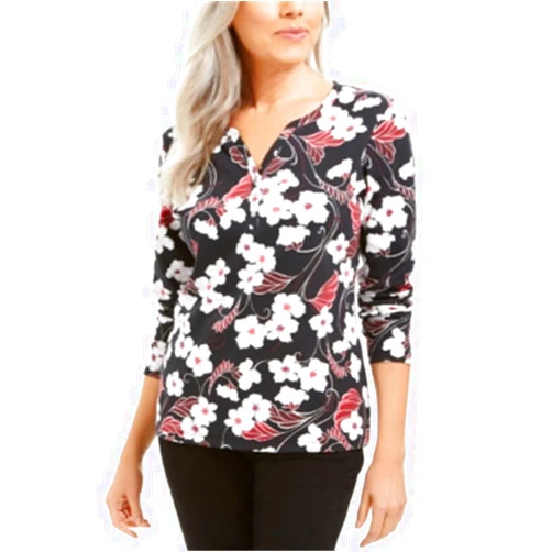 Karen Scott Women's Glitter Vines Henley Top Black Size X-Small