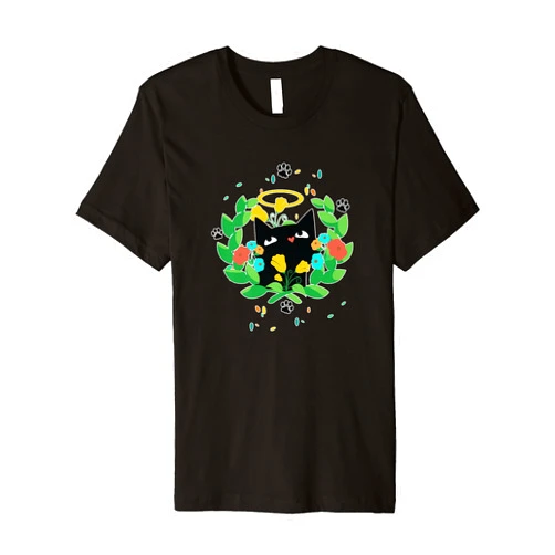 Visit The Feline Serenity Apparel CUTE BLACK ANGEL CAT HALO KITTEN SPRING GREEN WREATH Cute Premium T-Shirt