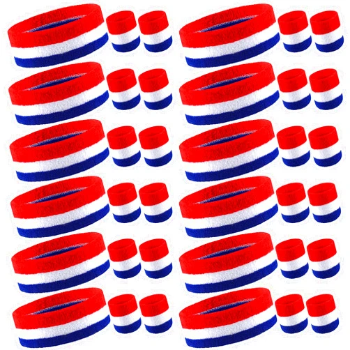 Deekin 12 Sets Bulk Striped Sweatband Set Kids Headband Wristband Set American Flag Style Athletic Sweat Bands Gym Wristbands Football Wristbands for Men Women Activities Sports Basketball Tennis