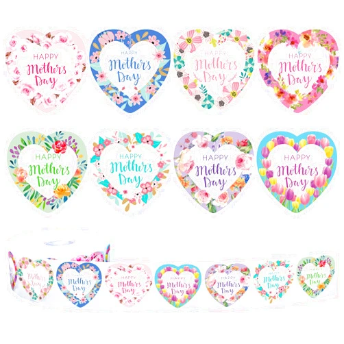 Whaline 1000Pcs Mother's Day Label Roll Stickers 1.5 Inch Heart Shaped Happy Mother's Day Decals 8 Designs Self Adhesive Floral Sealing Stickers for Mom Women Grandma Scrapbooking Cards Gift Supplies