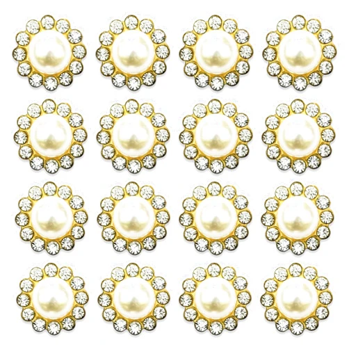 Builcker 50 Pcs Rhinestone Pearl Button Embellished DIY Handmade Accessories Flatback Golden Bottom Shiny Pearl Button Bridal Bouquet Decoration Home Furnishing Dress Decoration (White)
