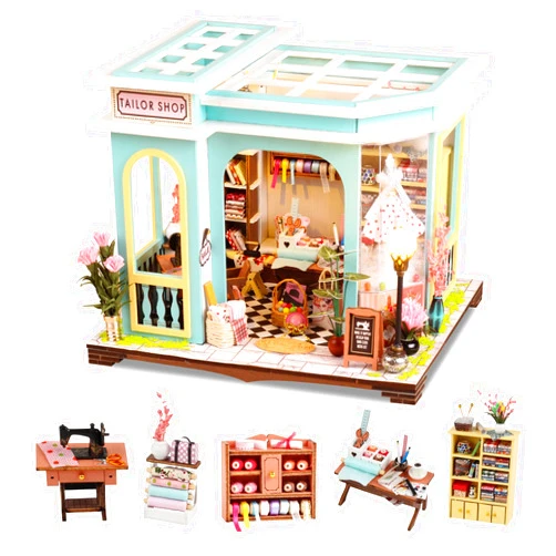 Lovelyhome DIY Miniature House Kit,Tiny House Tailor Shop with Furniture & LED,DIY Dollhouse Miniature Kit for Adults Teen,Mini House Building kit,3D Wooden Craft Mini Model Kit,Birthday Gifts Home Decor
