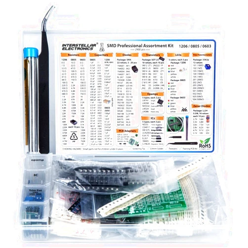 Interstellar Electronics SMD 1206 0805 0603 Component Assortment, Resistor, Capacitor, Diode, Transistor, LED, OpAmp, IC, Solder, PCB, SMT Soldering Assorted Kit 2900 pcs