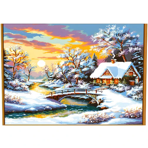 Generic Winter Scene Snow Covered Cottages Bridge River DIY 11CT Stamped Cross Stitch Kits for Beginners Easy Needlepoint Embroidery Counted Cross Stitch Art Craft for Wall Decoration 12x16inch(8)