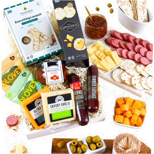 GourmetGiftBaskets.com Gourmet Meat & Cheese Sampler Gift Basket - Deluxe Charcuterie Cheese Platter - GourmetGiftBaskets.com Food Gifts