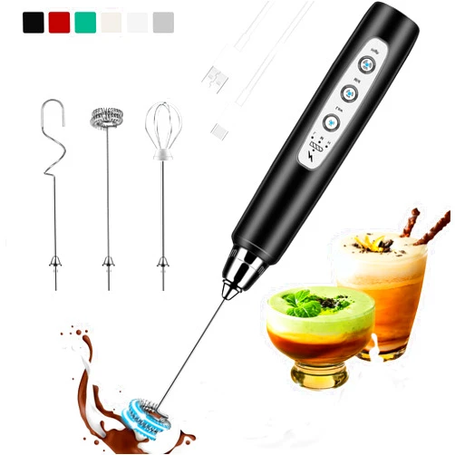 Colarlemo Milk Frother Handheld Rechargeable, Frother Wand Drink Mixer Electric Whisk for Coffee, Detachable With 3 Stainless Whisks, Hand Mixer for Lattes, Cappuccino, Matcha, Egg, No Stand, Black
