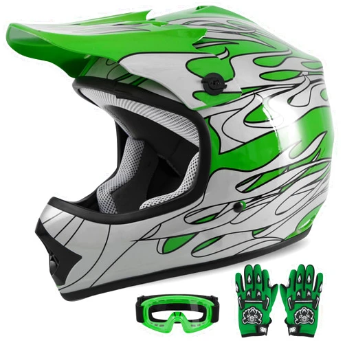 XFMT Kids Dirt Bike Helmet Youth Motorcycle Helmet DOT-Certified Full Face Helmets for Motocross ATV Off-Road Street Bike with Goggles & Gloves, Green Flame Medium