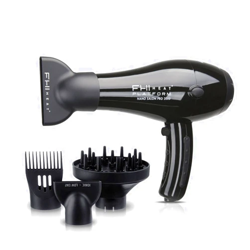 FHI HEAT Platform Nano Power Salon Pro 2000 Tourmaline Ceramic Quick Dry Hair Dryer with 3 Piece Attachment Set (Comb, Concentrator, and Diffuser), Black