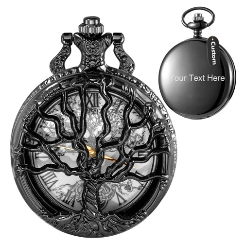 Tiong Pocket Watch Hollow Tree of Life Design Roman Numerals Customizable Quartz Pocket Watch with Chain Birthday Gifts