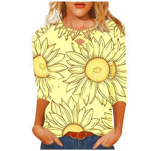 Generic Women's Boho Floral Print Shirts Summer Casual 3/4 Sleeve Fashion Tops Criss-Cross V Necktie Novelty T-Shirt Blouses