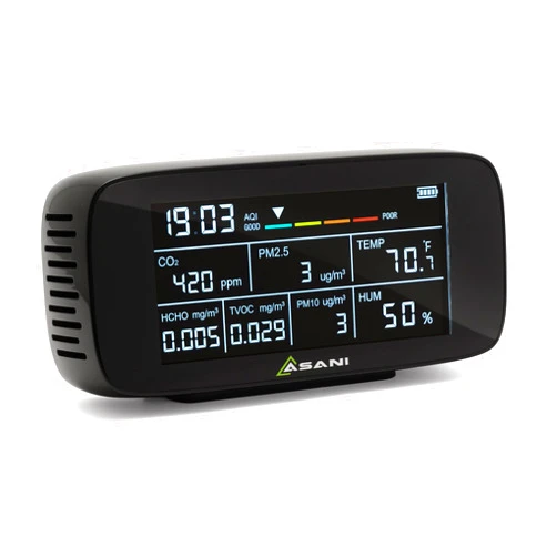 Asani Indoor Air Quality Monitor - 9-in-1 Portable Use for Home, Office - Detects 8 Major Air Pollutants Including CO2, VOC Sensor, Formaldehyde Tester - Room Temperature and Humidity Meter