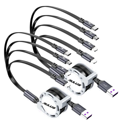 RULUS Multi Charging Cable [2Pack 4Ft] Retractable Multi Fast Charger Cable 4 in 1 Charging Cord Multi USB Cable Adapter with IP/Type C/Micro USB Ports for Cell Phones/IP/Samsung Galaxy/PS/Tablets and More