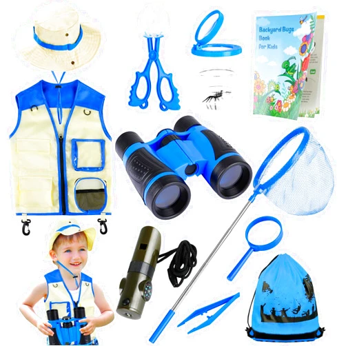 INNOCHEER Explorer Kit & Bug Catcher Kit for Kids Outdoor Exploration with Vest, Hat, Binocular, Telescopic Butterfly Net, Magnifying Glass, Whistle and Bugs Book for Boys Girls 3-12 Years Old (Blue)