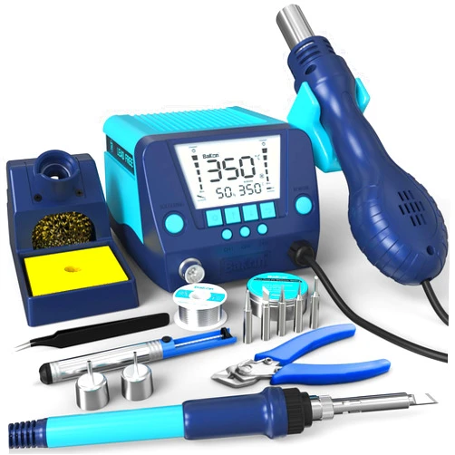 BAKON 881 2-In-1 SMD Hot Air Rework and Soldering Station with LCD Display,°F /°C,Auto Sleep & Standby,Digital Correction, Solder Wire, Tips,Tweezers, Nozzles,Solder Sucker,Flux,Wire Cutters