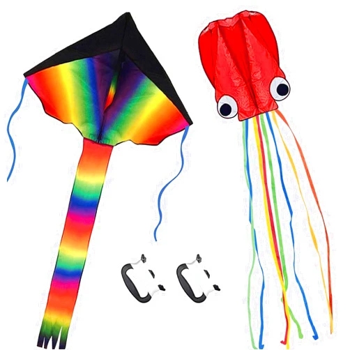 Listenman 2 Pack Kites - Large Rainbow Kite and Red Mollusc Octopus with Long Colorful Tail for Children Outdoor Game,Activities,Beach Trip Great Gift to Kids Childhood Precious Memories