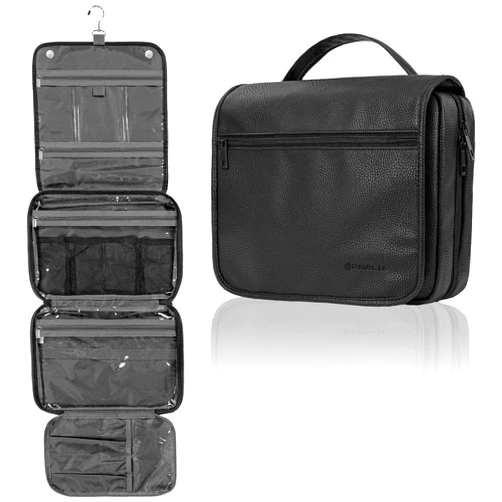 PAVILIA Hanging Toiletry Bag Women Men, Foldable Cosmetic Organizer Travel Bag, Water Resistant Makeup Bag Toiletries, Large Travel Essentials Kit (Black)