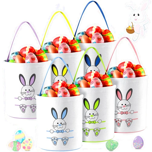 Talltalk 6 Pieces Easter Bunny Basket Bulk for Kids Canvas Rabbit Egg Print Bucket Tote Bags for Boys Girls Gifts Egg Hunts Decorations Favors Carry Candy Storage