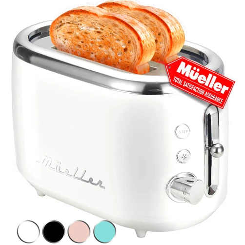 MUELLER HOME Retro Toaster 2 Slice, 7 Browning Levels, 3 Functions (Reheat, Defrost, Cancel), Stainless Steel Features, Removable Crumb Tray, Under Base Cord Storage, White Toaster Kitchen Appliances