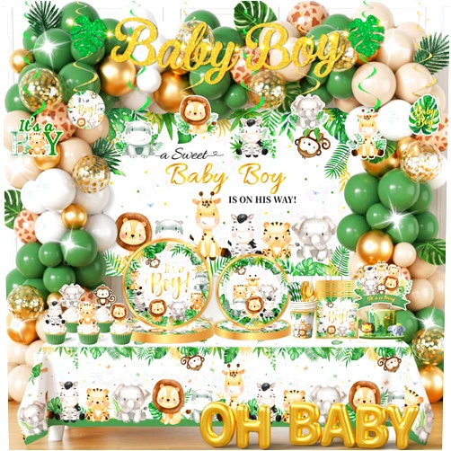 YGCTBVY Safari Baby Shower Decorations,387pcs Jungle Baby Shower Decorations Sweet Boy Baby shower Theme Plates and Napkins Cups Tablecloth Backdrop Topper Balloons for Boy Wild Birthday Decorations
