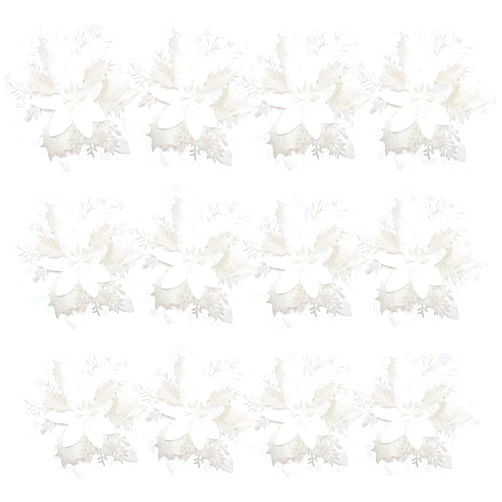 TOYANDONA 12pcs Christmas Poinsettia Flowers, 5.5 inch Artificial Poinsettia Flowers Glitter White Christmas Tree Ornaments with Stems and Clips for Christmas Wreath Party Decorations