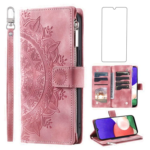 Asuwish Phone Case for Samsung Galaxy A22 5G/Boost Mobile Celero 5G Wallet Cover with Tempered Glass Screen Protector Mandala Flower Flip Zipper Card Holder Cell Celero5G A 22 22A A22s G5 Rose Gold