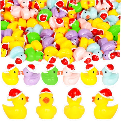 Yuronam 70 Pcs Tiny Christmas Ducks Mini Resin Ducks Miniature Ornaments for Slime, Dollhouse, Garden Decoration(Christmas Hat Mixed Duck)