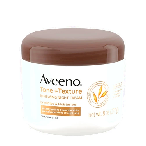 Aveeno Tone + Texture Renewing Body Night Cream With Prebiotic Oat, Gently Exfoliates & Moisturizes Sensitive Skin, Instantly Softens & Smooths & Intensely Nourishes, Fragrance-Free, 8 oz