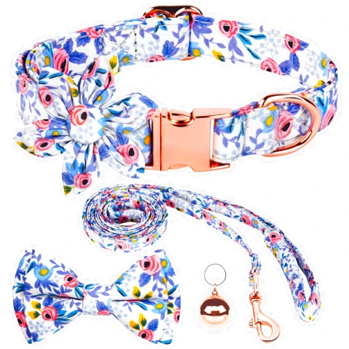 Ainiv Dog Collar and Leash Sets, Flower Girl Floral Pattern Engraved Pet Collars with Adjustable Strong Gold Buckle Collars with Beautiful Bowtie and Little Bell for Small Medium Large Dogs (Blue L)
