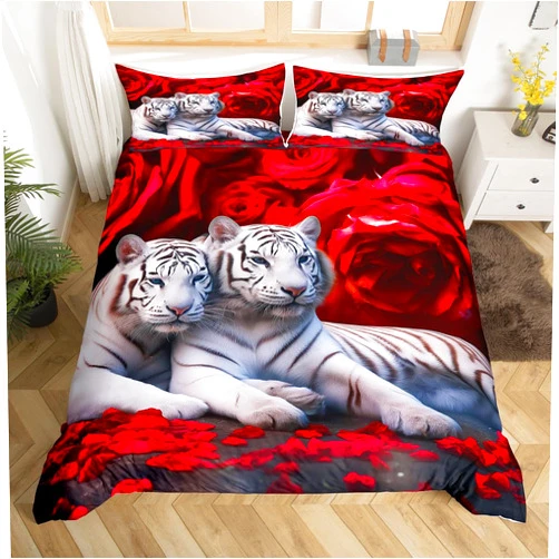 Erosebridal Tiger Bedding Set King Size,Red Rose Flower Comforter Cover for Boys Girls,African Safari Animals Duvet Cover,Big Cat Wild Animal Skin Quilt Cover,Romantic Garden Floral Bedroom Decor