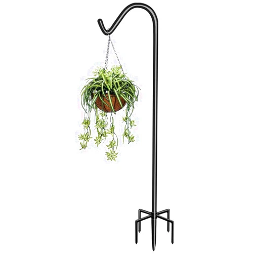 Garbuildman 60 Inch Tall Shepherd Hooks with 5-Forked Base, Adjustable Heavy Duty Bird Feeder Pole Stand Hanger for Outdoor, Shiny Black, 1 Pack
