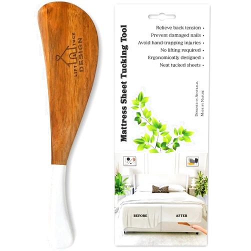 LIFT & TUCK DESIGN Bed Sheet Tucker Tool, Designed in Australia, Ergonomic, Improved Daily Living Aid, Woodcrafted, Relieves Back Pain, Bed Maker Tool Helper, Mattress Lifter Wedge for Changing Sheets
