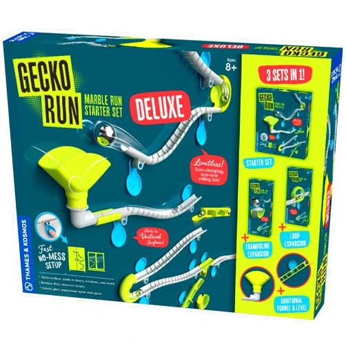 Thames & Kosmos Gecko Run Marble Run Deluxe Starter Set by Thames & Kosmos – Vertical Marble Run w/Flexible Tracks, Loop & Trampoline Tricks, Fast, No-Mess Setup, Residue-Free Nano-Adhesive Pads for Creative Play