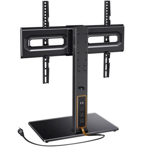 Perlegear Universal TV Stand with Power Outlet, Swivel TV Stand for 32-80 inch TVs up to 99 lbs, TV Stand with Tempered Glass Base, Height Adjustable Table Top TV Stand Max VESA 600x400mm PGTVS31