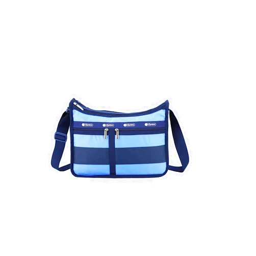 LeSportsac Classic Rugby Periwinkle Deluxe Everyday Crossbody Bag + Cosmetic Bag, Style 7507/Color E758, Timeless Navy Blue & Modern Periwinkle Stripes Unite, Bold Modern Nautical Inspired Theme