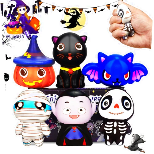 LAVIZO 【New】 6 Packs Halloween Squishies Toys, Slow Rising Squishies Toys- Pumpkin, Vampire,Black Cat,Mummy,Human Skeleton, Bat, Party Favors, Goodie Bag, Super Soft Squeeze Kawaii for Girls Boys, Kids