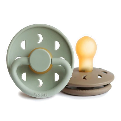 FRIGG Moon Natural Rubber Baby Pacifier | Made in Denmark | BPA-Free (Sage/Portobello, 0-6 Months) 2-Pack