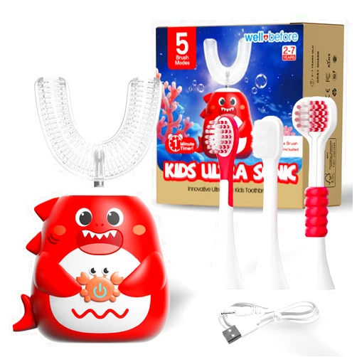 Well Before Kids U Shaped Electric Toothbrush with 5 Brush Heads, Ultrasonic, 5 Modes, IPX7 Waterproof Design (Shark, Red Ages 2-7)