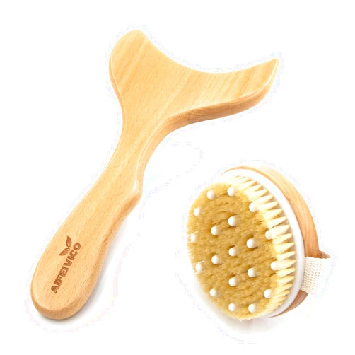 AIFEIVICO Lymphatic Drainage Paddle & Dry Brushing Body Brush, Wood Body Gua Sha Tool with Dry Skin Brush, Lymphatic Massage Paddle for Anti Cellulite - Body Shaping Contouring Sculpting