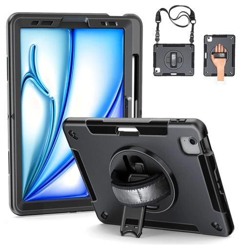 Junfire Protective Case for iPad Air 11-inch M2 2024, A2902/A2903/A2904 Case, iPad Air 6th Generation/ Air5/Air4 Case 10.9 Inch with Kickstand/Hand Strap/Shoulder Strap/Pencil Holder-Black