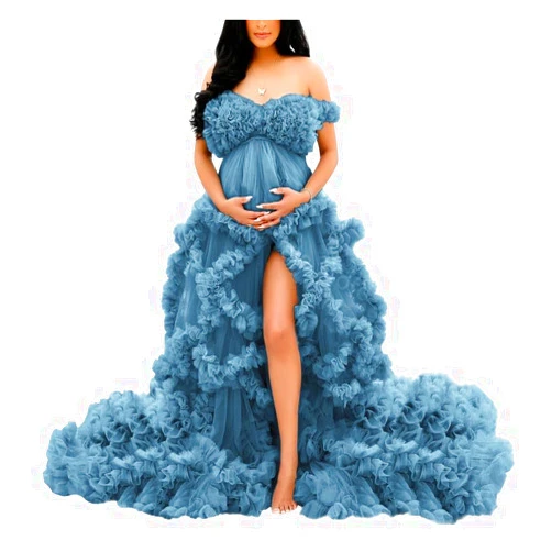 ZQSEP Maternity Photography Dresses Pregnancy Gown for Baby Shower Photo Shoot Tulle Robe Fluffy Ruffles Bridal Lingerie Illusion Wedding Scarf Dusty Blue M